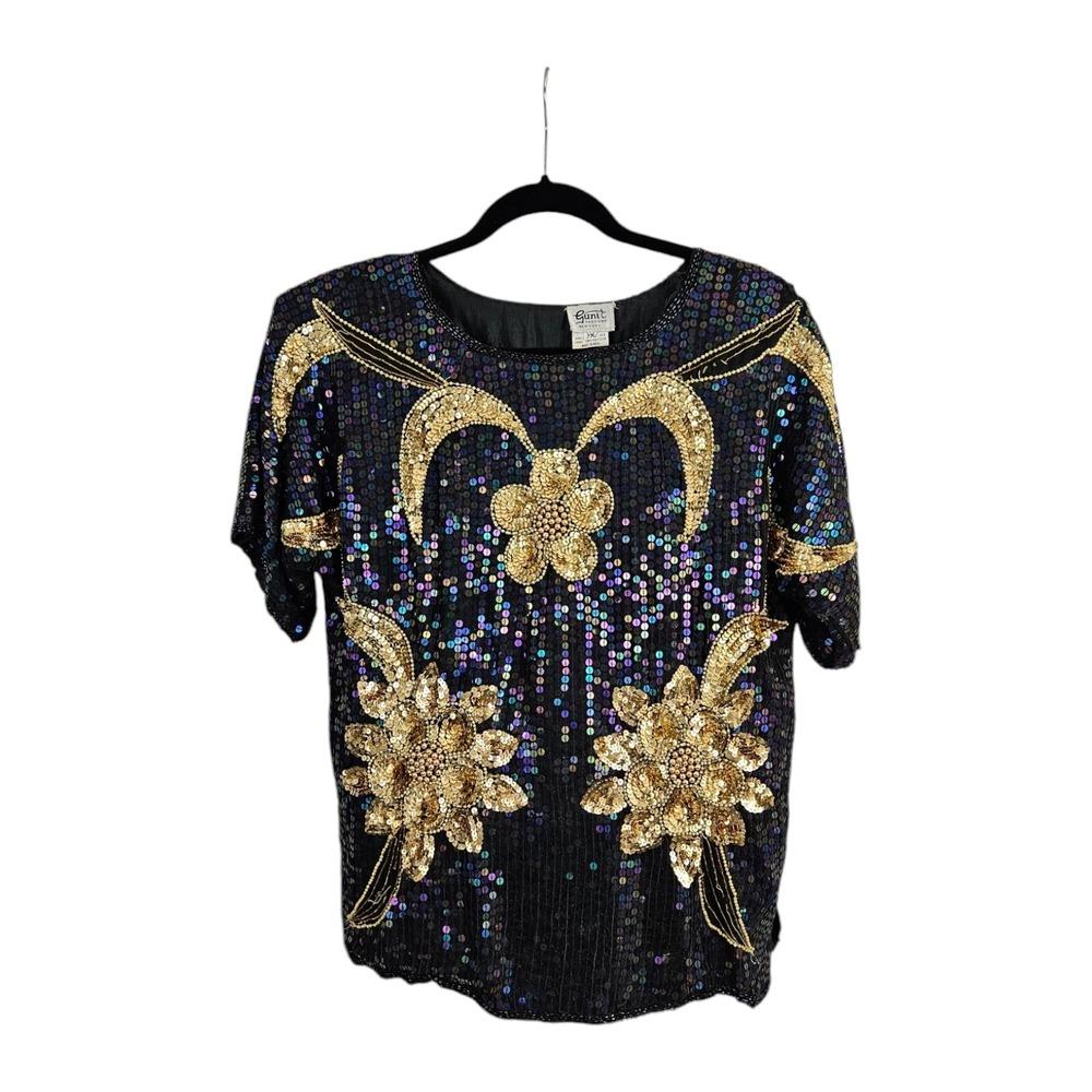 Womens 3X Black Silk Gold Sequin Dressy Top Shirt Formal 90's Gunit Fashions